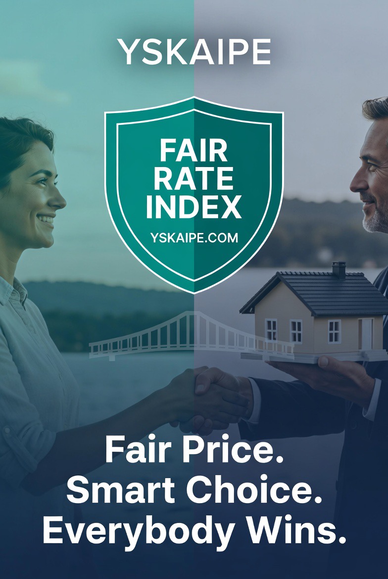 A homeowner and a YSKAIPE pro shake hands by the lake under the Fair Rate Index shield
