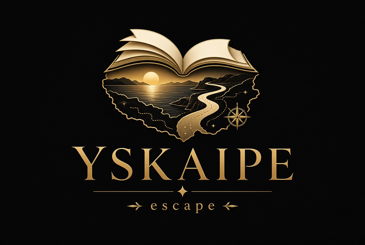 YSKAIPE escape logo: a gold open book above a coastline and a winding road